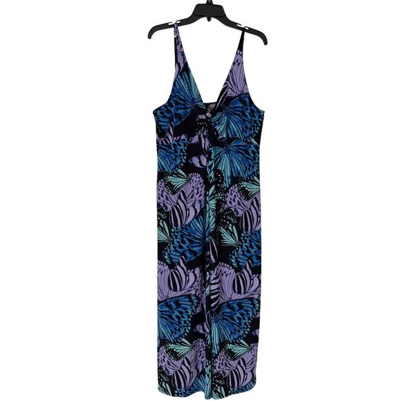 Mix It XL Adj Spaghetti Strap Butterfly Print Maxi Dress Knotted Empire V Neck - Picture 1 of 6